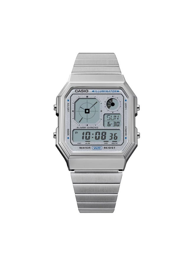 كاسيو ساعة كاسيو فينتج الرقمية A130WE-7ADF باللون الفضي، سوار ستانلس ستيل، توقيت عالمي، إضاءة LED، كرونومتر ومؤقت - Image 2